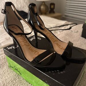 Sam Edelman Patti Black Patent Ankle-Strap Heeled Sandals